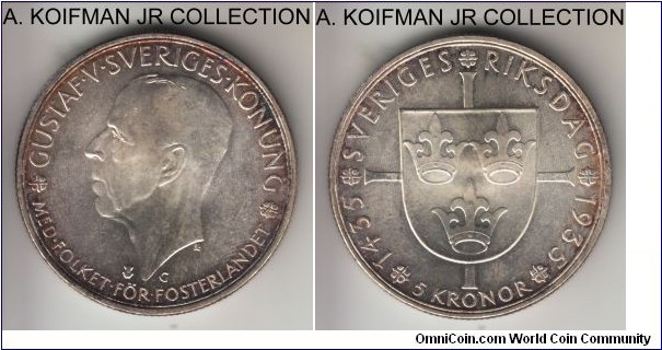 KM-806, 1935 Sweden 5 kronor; silver, reeded edge; Gustaf V, 500'th anniversary of Riksdag, uncirculated with very nice toning. 