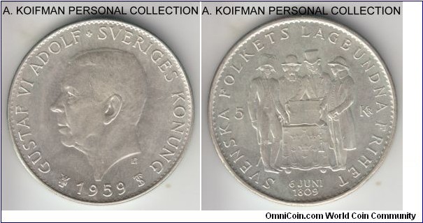 KM-830, 1959 Sweden 5 kronor; silver, ornamented edge; 150 years of the Constitution commemorative, light toned uncirculated.