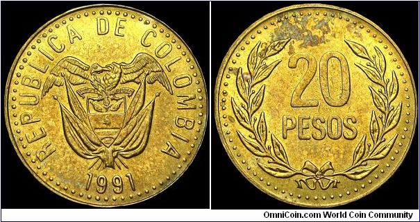 Colombia - 20 Pesos - 1991 - Weight 3,6 gr - Copper / Aluminum / Nickel - Size 20,25 mm - President / César Gavaria (1990-94) - Edge : Reeded - Reference KM# 282.1 (1989-94)