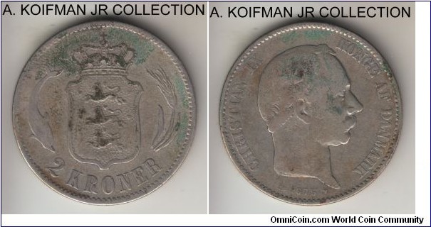 KM-798.1, 1875 Denmark 2 kroner; silver, reeded edge; Christian IX, fine or about, old cleaning.