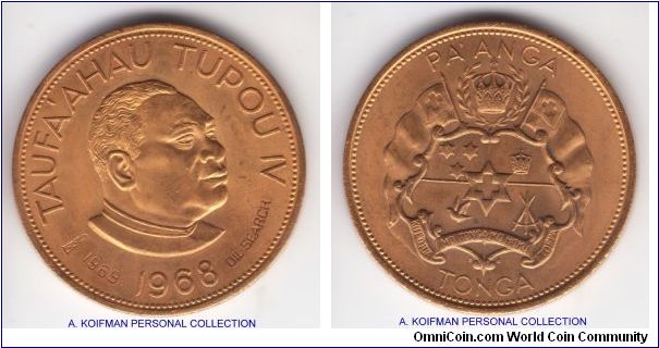KM-34, 1969 Tonga counterstamp on 1969 paanga; gold plated copper nickel, reeded edge; commemorative issue linked to the 1969 search for oil, issued in special gold colored presentation sets, uncirculated