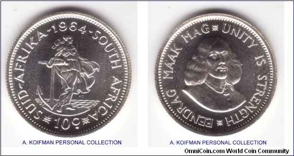 KM-60, 1964 South Africa (Republic) 10 cents; proof, silver, reeded edge; transitional equivalent of shilling