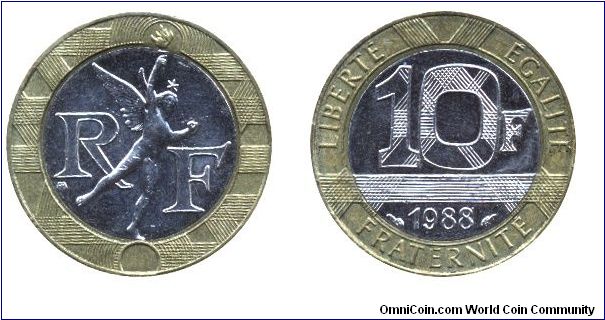 France, 10 francs, 1988, Al-Bronze-Steel, 23mm, 6.5g, bi-metallic, Spirit of Bastille.                                                                                                                                                                                                                                                                                                                                                                                                                              