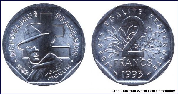 France, 2 francs, 1993, Ni, 26.5mm, 7.5g, Jean Moulin.                                                                                                                                                                                                                                                                                                                                                                                                                                                              