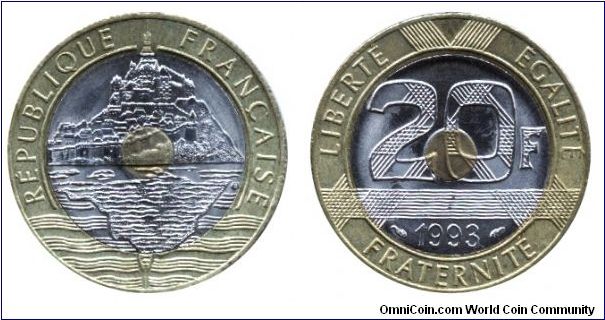 France, 20 francs, 1993, Cu-Al-Ni, 27mm, 9g, Mont-Saint-Michel.                                                                                                                                                                                                                                                                                                                                                                                                                                                     