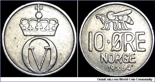 Norway - 10 Öre - 1964 - Weight 1,5 gr - Copper / Nickel - Size 15 mm - Ruler / Olav V (1957-91) - Reverse / Honey Bee - Mintage 9 781 000 - Edge : Reeded - Reference KM# 411 (1959-73)