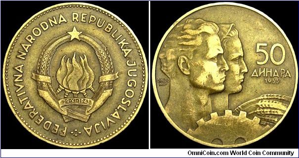 Yugoslavia - 50 Dinara - 1955 - Weight 6 Gr - Aluminum / Bronze - Size 25,5 mm - President / Jozip Broz Tito (1953-1980) - Designer / F.M. Fincic - Edge : Milled - Reference KM# 35