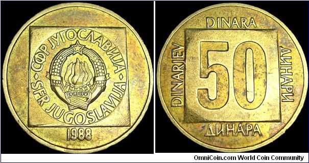Yugoslavia - 50 Dinara - 1988 - Weight 3,9 gr - Brass - Size 21 mm - President / Raif Dizdarevic (1988-89) - Mintage 46 973 000 - Edge : Plain - Reference KM# 133 (1988-89)