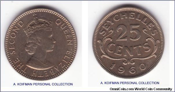KM-11, 1960 Seychelles 25 cents; copper nickel, reeded edge; nice above average uncriculated, some toning, mintage 40,000