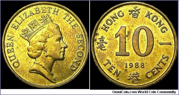 Hong Kong - 10 Cents - 1988 - Weight 1,9 gr - Nickel / Brass - Size 17,55 mm - Ruler / Elizabeth II - Mintage 30 000 000 - Reference KM# 55 (1985-92)