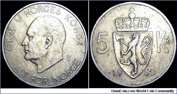 Norway - 5 Kroner - 1968 - Weight 11,5 gr - Copper / Nickel _ Size 29,5 mm - Regent / Olav V - Mintage 1 813 400 - Edge : Special - Reference KM# 412 (1963-73)