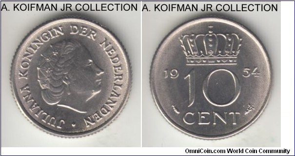 KM-182, 1954 Netherlands 10 cents; nickel, reeded edge; Juliana, brilliant uncirculated, smaller mintage year.