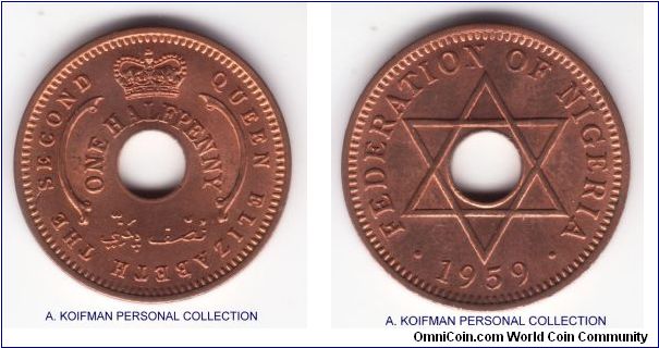 KM-1, 1959 Federation of Nigeria half penny; bronze, plain edge; short lived predecimal coinage preceding independence and establishment of the republic; nice, about 85% red