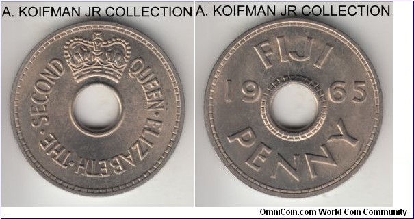 KM-21, 1965 Fiji penny; copper-nickel, holed flan, plain edge; Elizabeth II, nice uncirculated specimen from the roll.