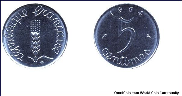 France, 5 centimes, 1964, Cr-Steel, 19mm, 3.4g, Wheat.                                                                                                                                                                                                                                                                                                                                                                                                                                                              
