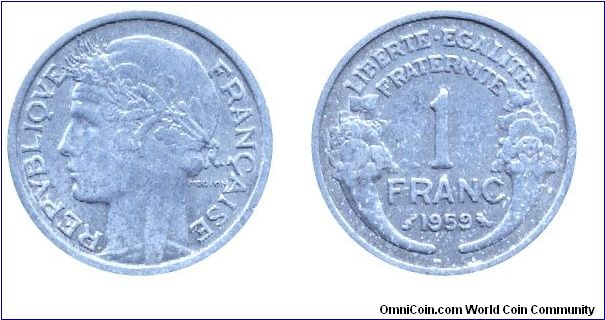 France, 1 franc, 1959, Al, 23mm, 1.3g.                                                                                                                                                                                                                                                                                                                                                                                                                                                                              