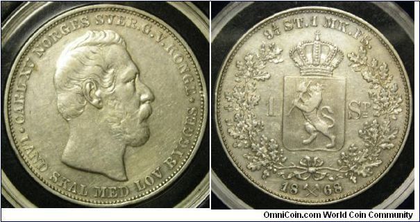 1868 SPECIE DALER

28.8900 g., 0.8750 Silver, .8127 oz. ASW 

Obv: Head of Carl XV right 
Rev: Crowned arms divide value within spray, date below

Mintage: 114,000

KM# 325