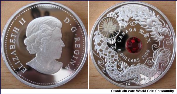 8 Dollars - Maple of wisdom - 25.3 g Ag .925 Proof (with red Swarovski crystal and hologram) - mintage 14,888