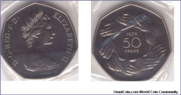 1973 Great Britain 50 pence; proof, copper nickel, plain edge 7 sided commemorative Coin