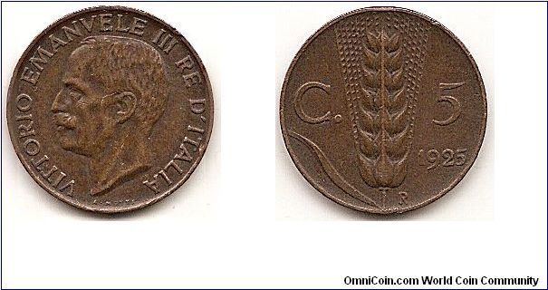 5 Centesimi
KM#59
3.2600 g., Copper, 19.8 mm. Ruler: Vittorio Emanuele III Obv: Head left Rev: Wheat ear divides value