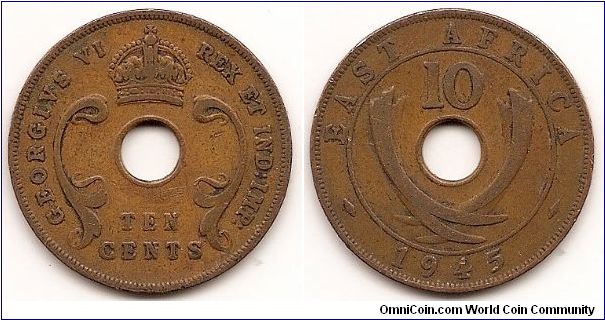 10 Cents
KM#26.2
Bronze Ruler: George VI Obv: Center hole divides crown and denomination, fleurs flank Rev: Tusks flank center hole, denomination above, circle surrounds Edge: Plain Note: Thin flan, reduced weight.