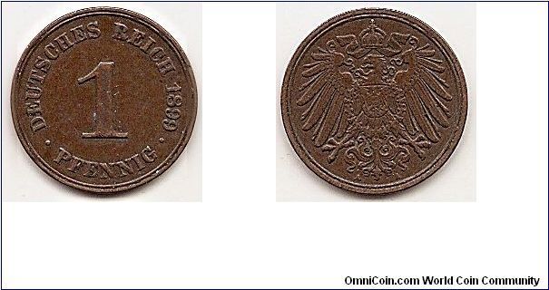 1 Pfennig -Empire- KM#10
2.0200 g., Copper Ruler: Wilhelm II Obv: Denomination, date at right Rev: Crowned imperial eagle with shield on breast Note: Struck from 1890-1916.