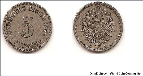 5 Pfennig -Empire
- 
KM#3
2.53 g., Copper-Nickel, 18 mm. Ruler: Wilhelm I Obv: Denomination, date at right Rev: Crowned imperial eagle with shield on breast
