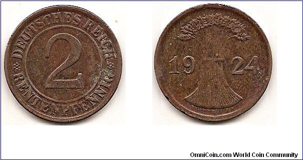 2 Rentenpfennig -Weimar Republic-
KM#31
3.3000 g., Bronze, 20 mm. Obv: Denomination within circle Rev: Wheat sheaf divides date