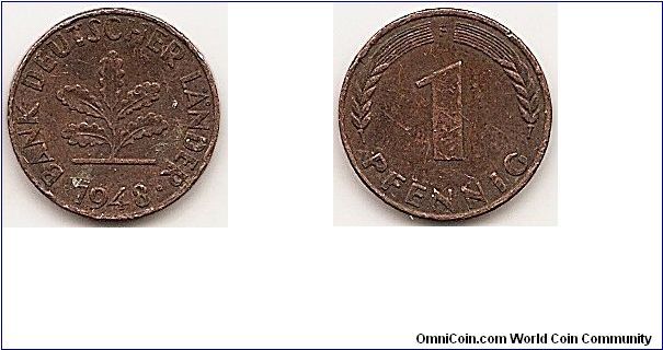 1 Pfennig
KM#A101 
2.0000 g., Copper Plated Steel, 16.5 mm. Obv: Five oak leaves, date below Obv. Legend: BANK DEUTSCHER LÄNDER Rev: Denomination