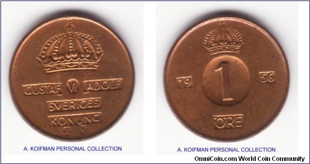 KM-820, 1956 Sweden ore; bronze, plain edge; nice uncirculated, some very light overall toning