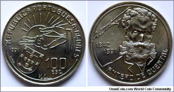 100 escudos.
1991, Antero de Quental (1842-1891)