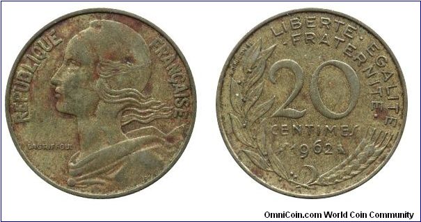 France, 20 centimes, 1962, 23.5mm, 4g, Al-Bronze.                                                                                                                                                                                                                                                                                                                                                                                                                                                                   