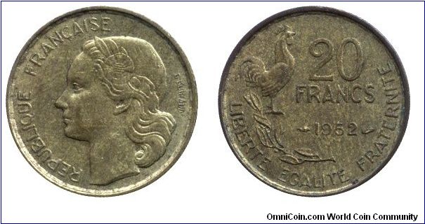4th French Republic, 20 francs, 1952, Al-Bronze, 23.5mm, 4g, cock.                                                                                                                                                                                                                                                                                                                                                                                                                                                  