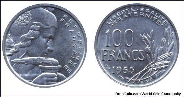 4th French Republic, 100 francs, 1955, Cu-Ni, 24mm, 6g.                                                                                                                                                                                                                                                                                                                                                                                                                                                             