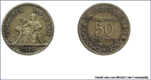 3rd French Republic, 50 centimes, 1923, Al-Bronze, Chamber of Commerce.                                                                                                                                                                                                                                                                                                                                                                                                                                             