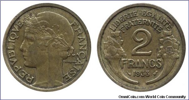 3rd French Republic, 2 francs, 1938, Al-Bronze.                                                                                                                                                                                                                                                                                                                                                                                                                                                                     