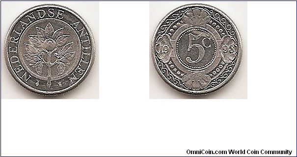 5 Cents
KM#33
1.1600 g., Aluminum, 16 mm. Ruler: Beatrix Obv: Orange blossom within circle Rev: Value within circle, geometric designed border Edge: Reeded