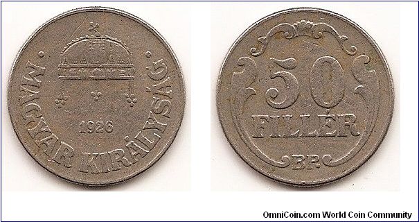 50 Filler
KM#509
Copper-Nickel Obv: Crown of St. Stephen Rev: Denomination