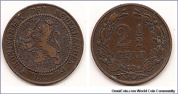 2-1/2 Cent
KM#108
4.0000g., Bronze, 23.5 mm. Obv: 17 small shields in field Obv.Legend: KONINGRIJK DER NEDERLANDEN Edge: Reeded