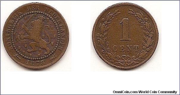 1 Cent
KM#107
2.5000 g., Bronze, 19 mm. Obv: 17 small shields within beaded circle Obv. Leg.: KONINGRIJK DER NEDERLANDEN Rev: Value within wreath Edge: Reeded