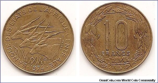 10 Francs -Central African States- 
KM#9
4.0000 g., Aluminum-Bronze, 23 mm. Obv: Three giant eland left, date below Rev: Denomination within wreath