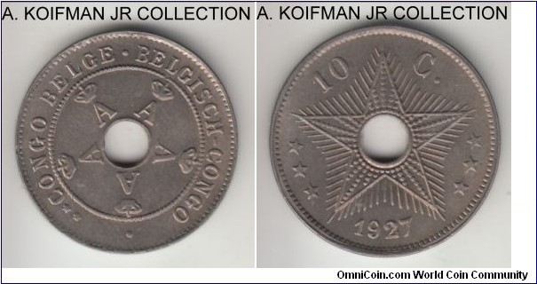 KM-18, 1927 Belgian Congo 10 centimes; copper nickel, holed flan, plain edge; Albert I, pleasantly toned uncirculated.