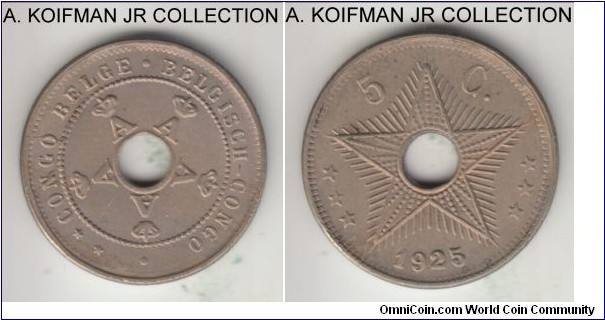 KM-17, 1925 Belgian Congo 5 centimes; copper nickel, holed flan, plain edge; Albert I, uncirculated or almost, light toning.