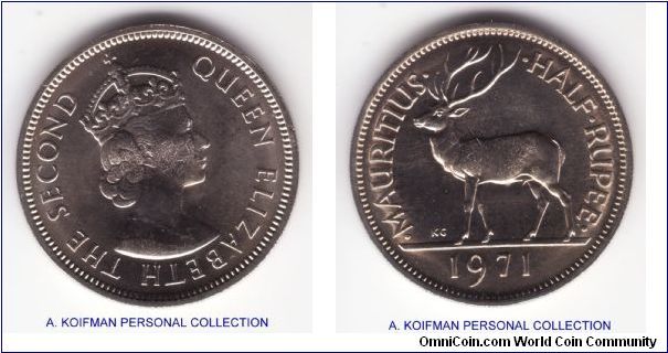 KM-37.1, 1971 Mauritius 1/2 rupee; copper nickel, security edge; uncirculated for wear but QEII face shows a bit of handling marks
