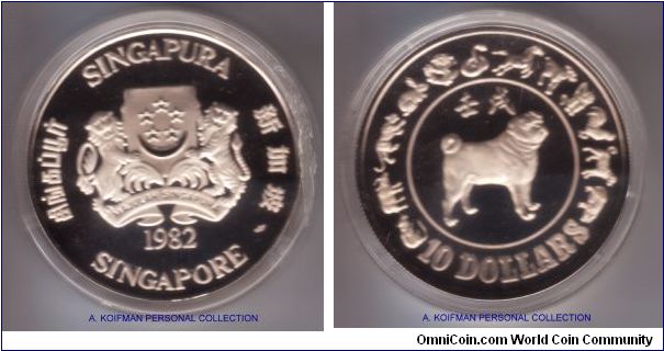 KM-23a, 1982 Singapore 10 dollars, Singapore mint (sm in monogram); proof, silver, reeded edge; mintage 20,000, year of the Dog, quite scarce and high catalog