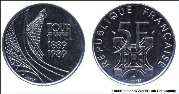 France, 5 francs, 1989, Ni, 29mm, 10g, Tour Eiffel, 1889-1989.                                                                                                                                                                                                                                                                                                                                                                                                                                                      