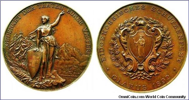 1892 Shooting medal/ Glarus, 45mm.