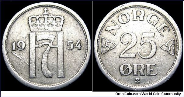 Norway - 25 Öre - 1954 - Weight 2,4 gr - Copper / Nickel - Size 17 mm - Regent / Haakon VII (1905-57) - Mintage 3 140 000 - Edge : Plain - Reference KM# 401 (1952-57) 