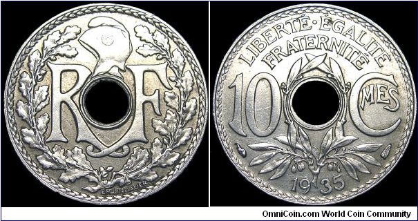 France - 10 Centimes - 1935 - Weight 4,1 gr - Copper / Nickel - Size 21,3 mm - Obverse / Liberty cap - President / Albert Lebrun (1932-40) - Mintage 47 487 000 - Edge : Plain - Reference KM# 866a (1917-38)