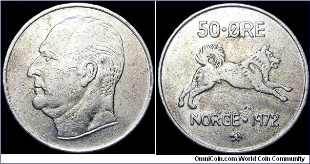 Norway - 50 Öre - 1972 - Weight 4,8 gr - Copper / Nickel - Size 22 mm - Regent / Olav V (1957-91) - Mintage 4 452 784 - Edge : Reeded - Reference KM# 408 (1958-73)